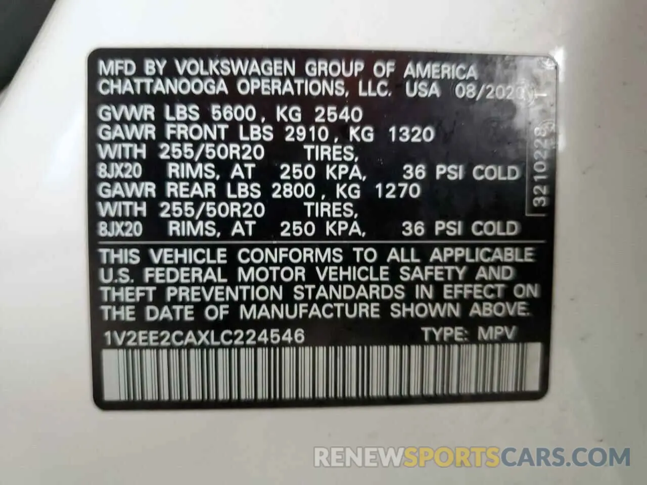 13 Photograph of a damaged car 1V2EE2CAXLC224546 VOLKSWAGEN ATLAS 2020