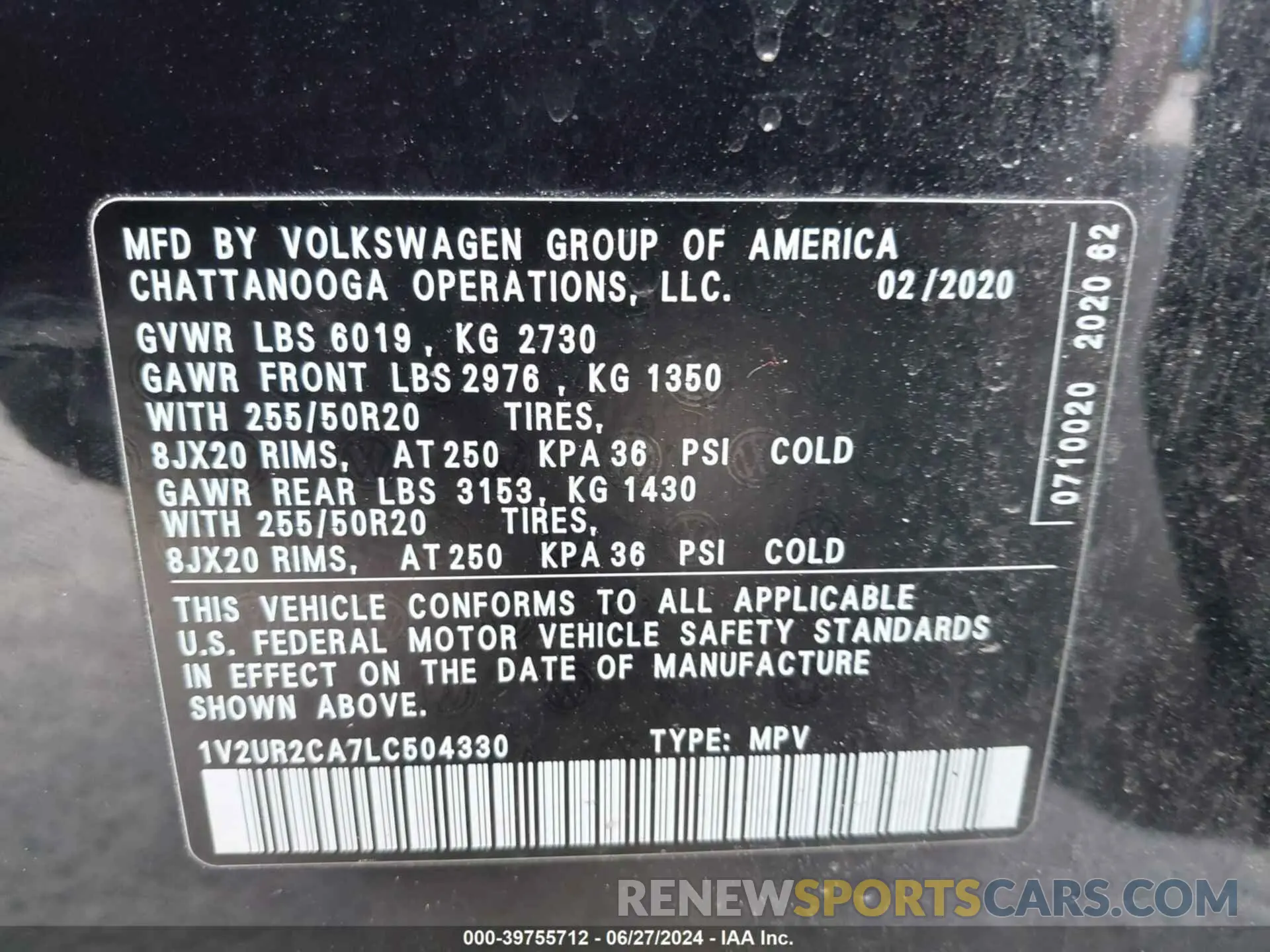 9 Photograph of a damaged car 1V2UR2CA7LC504330 VOLKSWAGEN ATLAS 2020