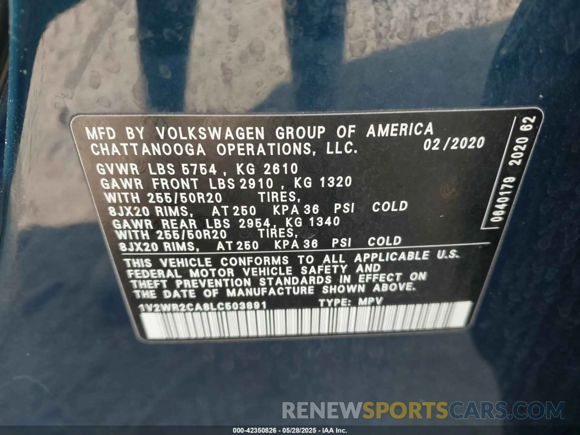 9 Photograph of a damaged car 1V2WR2CA8LC503891 VOLKSWAGEN ATLAS 2020