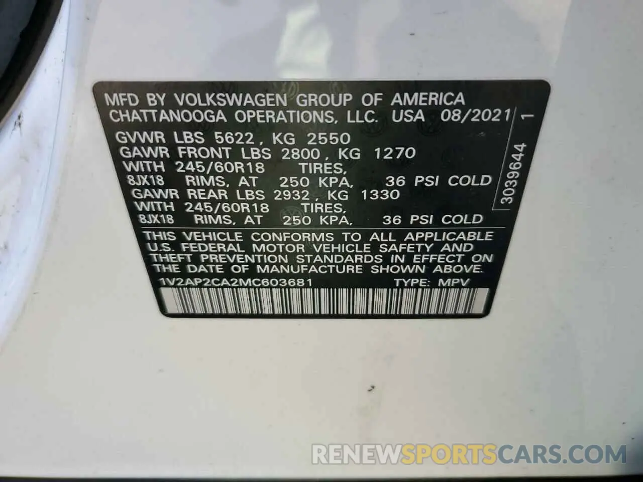 13 Фотография поврежденного автомобиля 1V2AP2CA2MC603681 VOLKSWAGEN ATLAS 2021