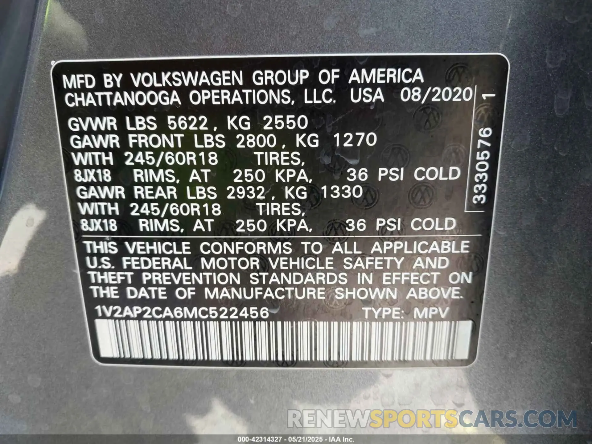 9 Photograph of a damaged car 1V2AP2CA6MC522456 VOLKSWAGEN ATLAS 2021