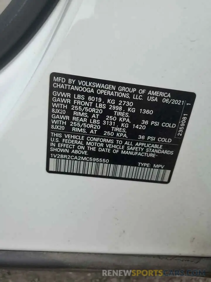 15 Photograph of a damaged car 1V2BR2CA2MC595550 VOLKSWAGEN ATLAS 2021