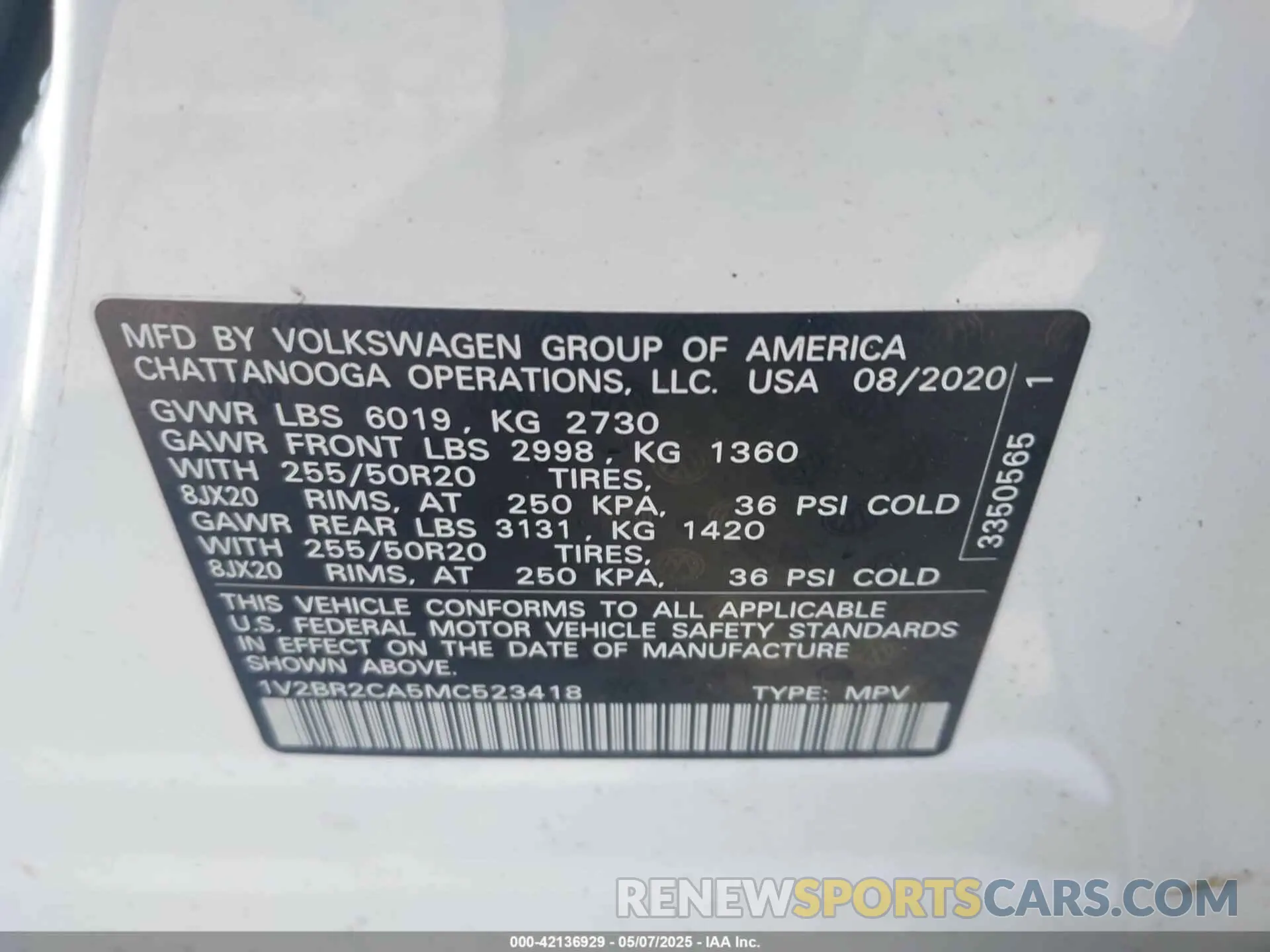 9 Photograph of a damaged car 1V2BR2CA5MC523418 VOLKSWAGEN ATLAS 2021