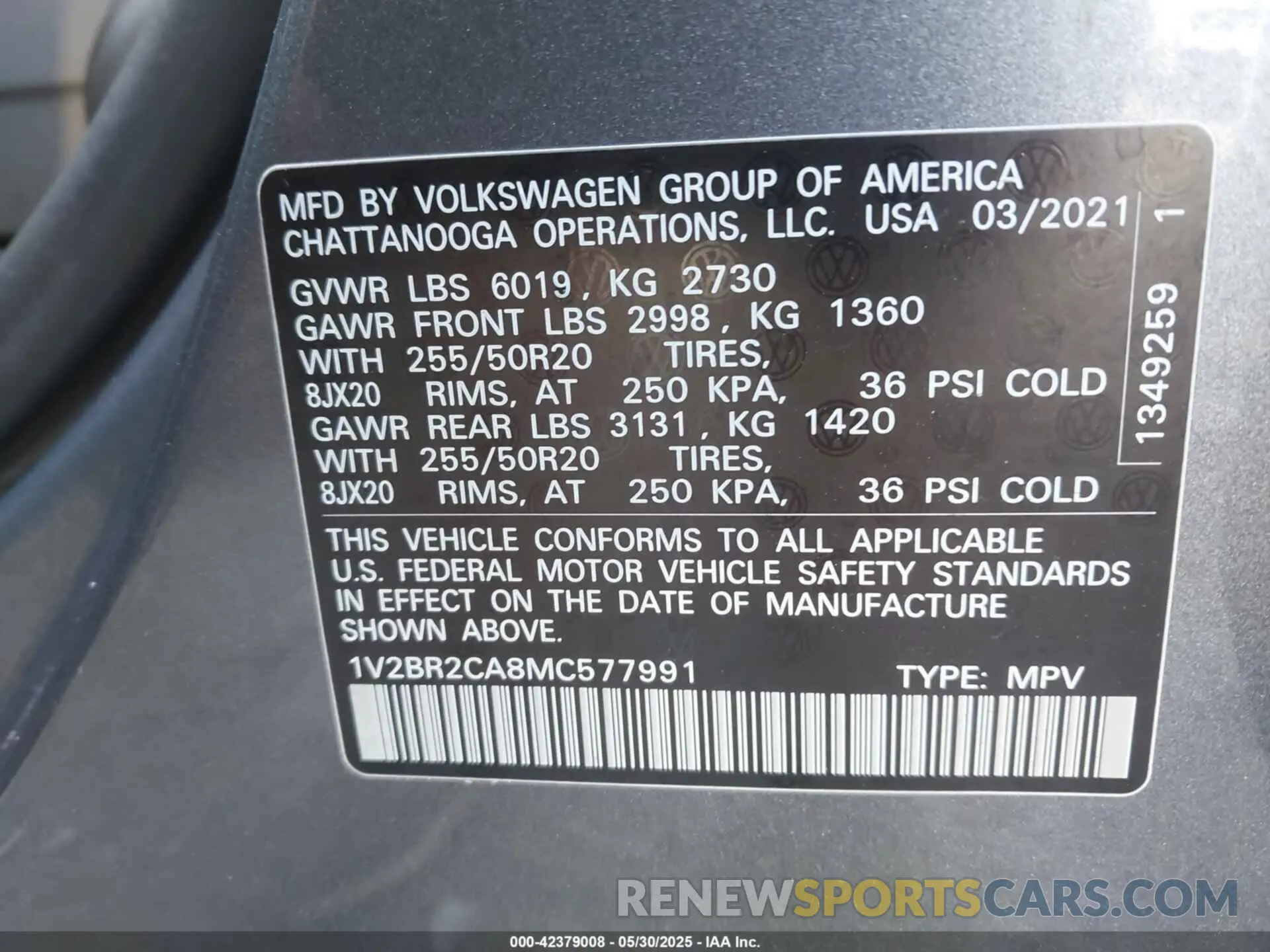 9 Photograph of a damaged car 1V2BR2CA8MC577991 VOLKSWAGEN ATLAS 2021