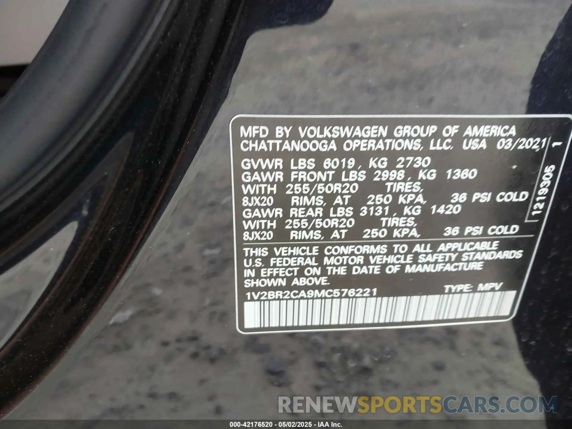 9 Photograph of a damaged car 1V2BR2CA9MC576221 VOLKSWAGEN ATLAS 2021
