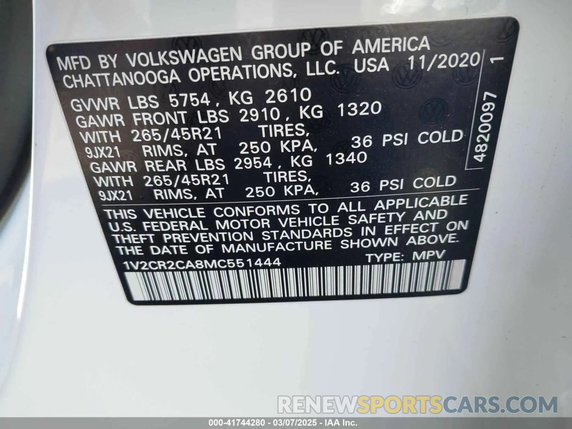 9 Photograph of a damaged car 1V2CR2CA8MC551444 VOLKSWAGEN ATLAS 2021