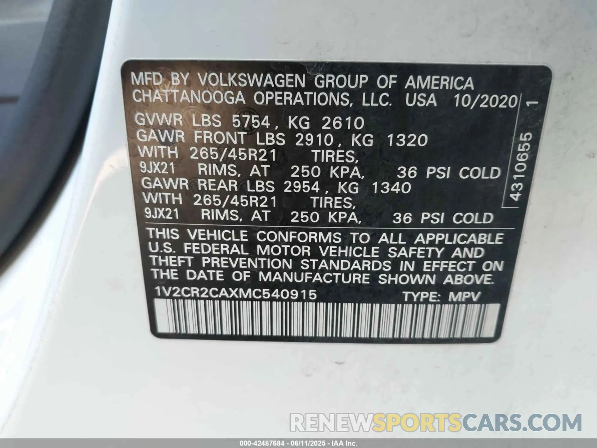 9 Photograph of a damaged car 1V2CR2CAXMC540915 VOLKSWAGEN ATLAS 2021