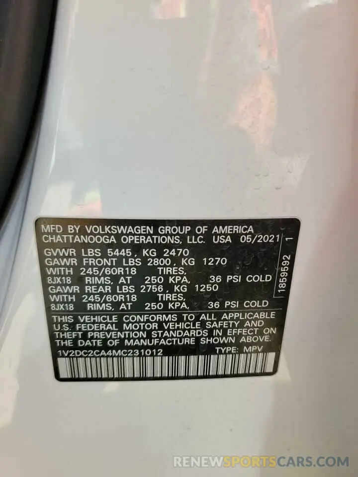 12 Photograph of a damaged car 1V2DC2CA4MC231012 VOLKSWAGEN ATLAS 2021