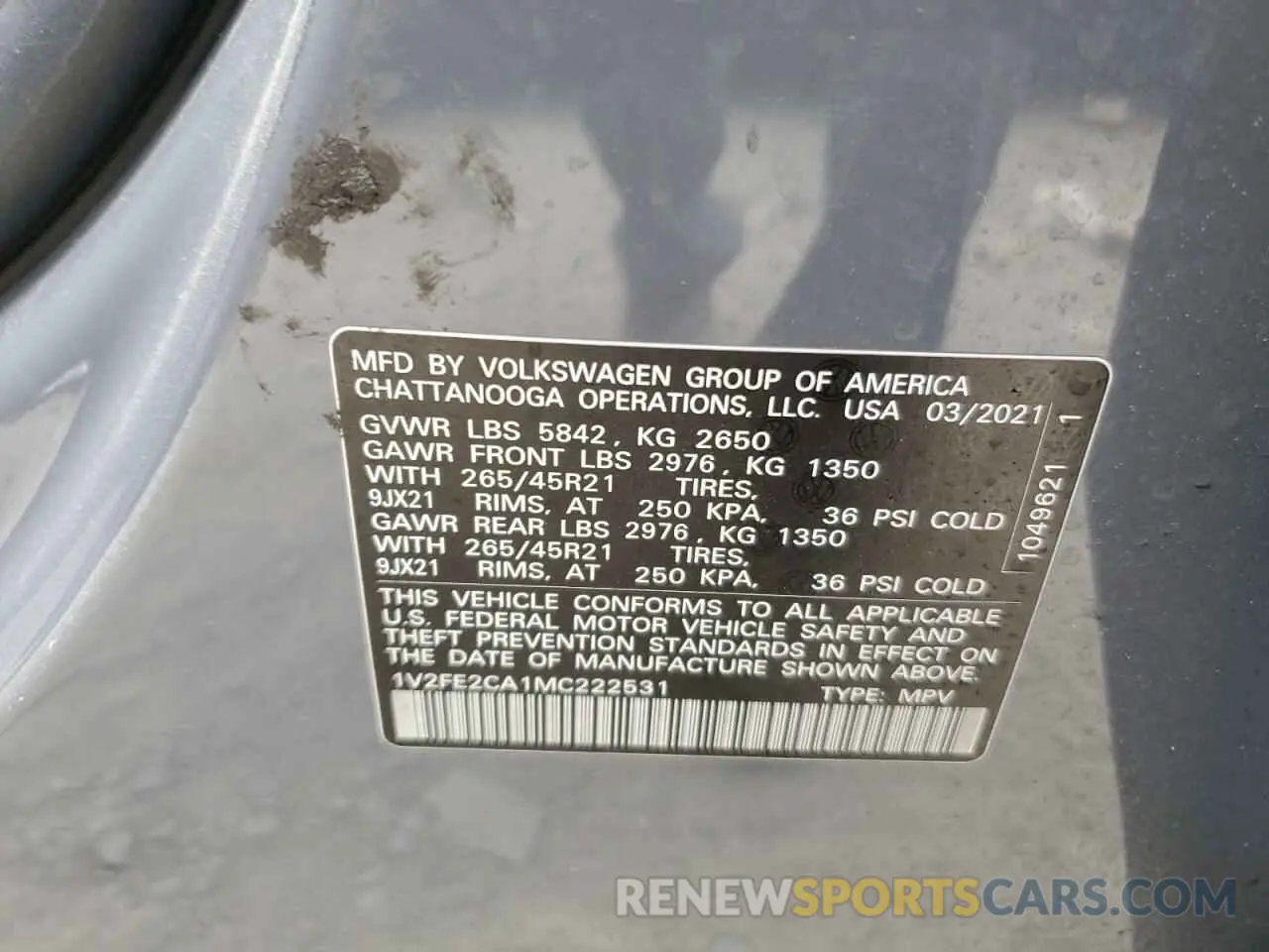 15 Photograph of a damaged car 1V2FE2CA1MC222531 VOLKSWAGEN ATLAS 2021