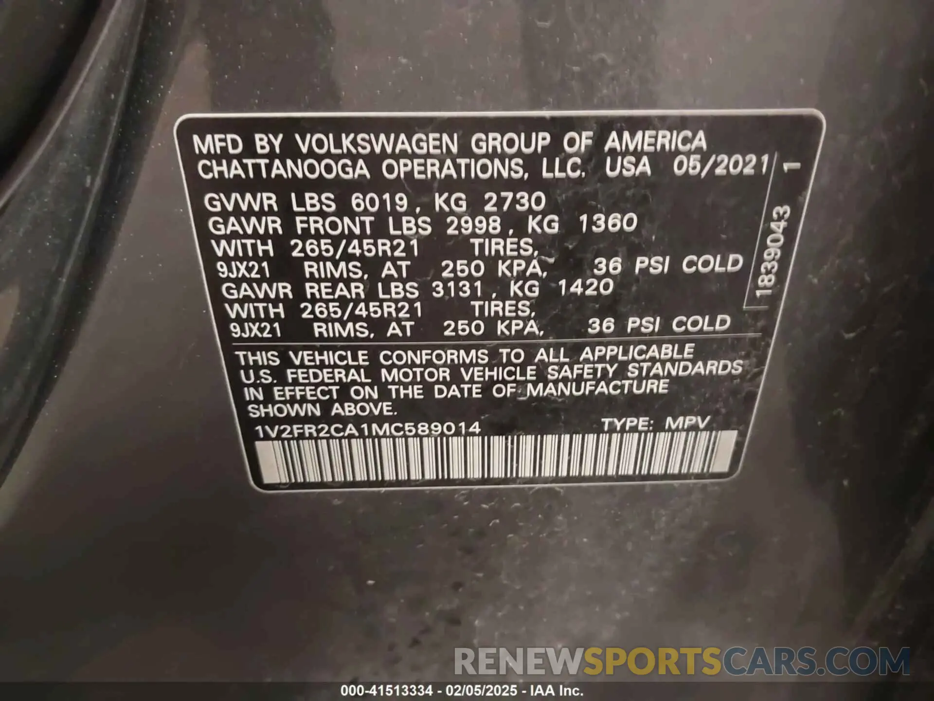 9 Фотография поврежденного автомобиля 1V2FR2CA1MC589014 VOLKSWAGEN ATLAS 2021