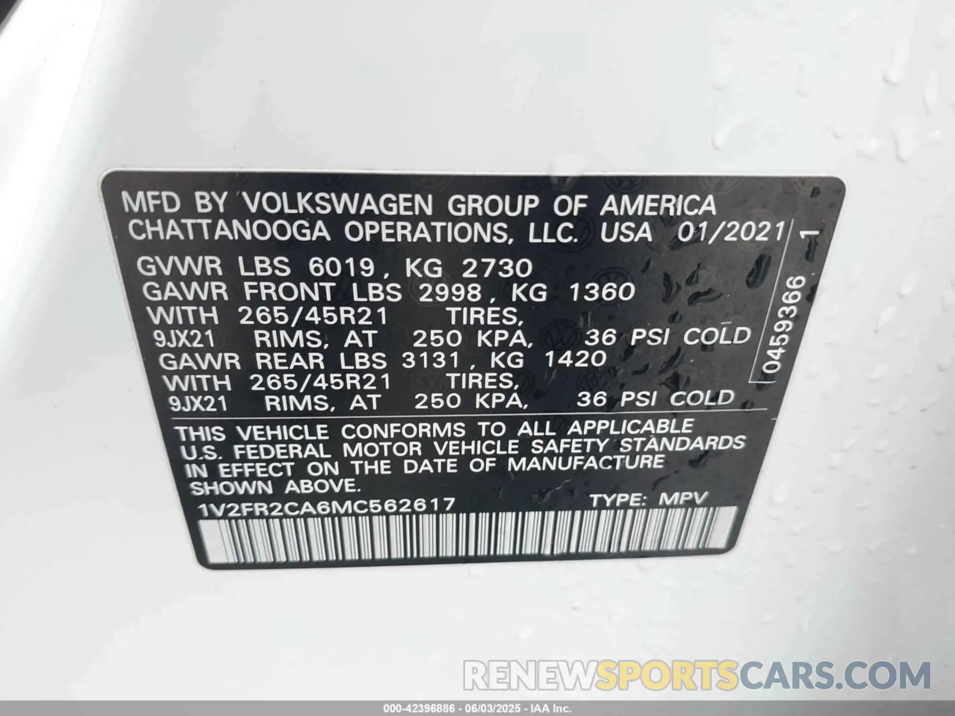 9 Photograph of a damaged car 1V2FR2CA6MC562617 VOLKSWAGEN ATLAS 2021