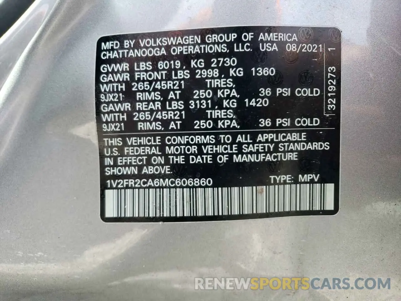 13 Photograph of a damaged car 1V2FR2CA6MC606860 VOLKSWAGEN ATLAS 2021