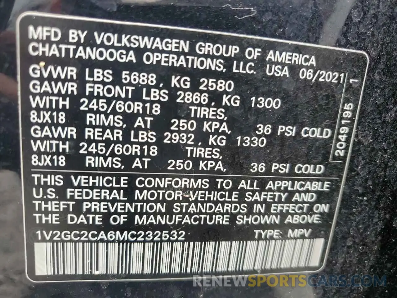 13 Photograph of a damaged car 1V2GC2CA6MC232532 VOLKSWAGEN ATLAS 2021