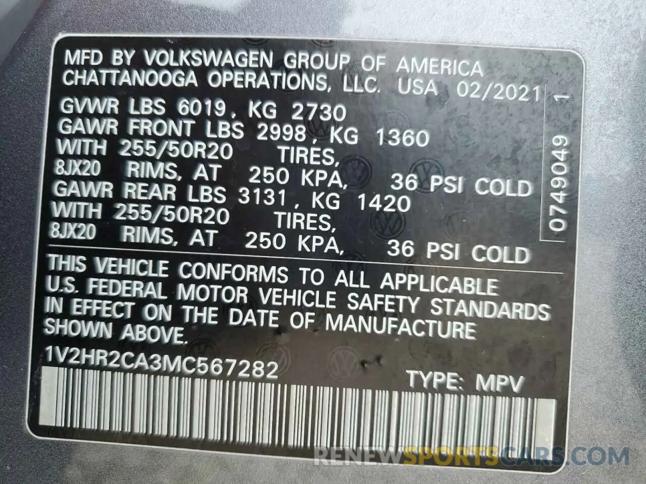 12 Фотография поврежденного автомобиля 1V2HR2CA3MC567282 VOLKSWAGEN ATLAS 2021