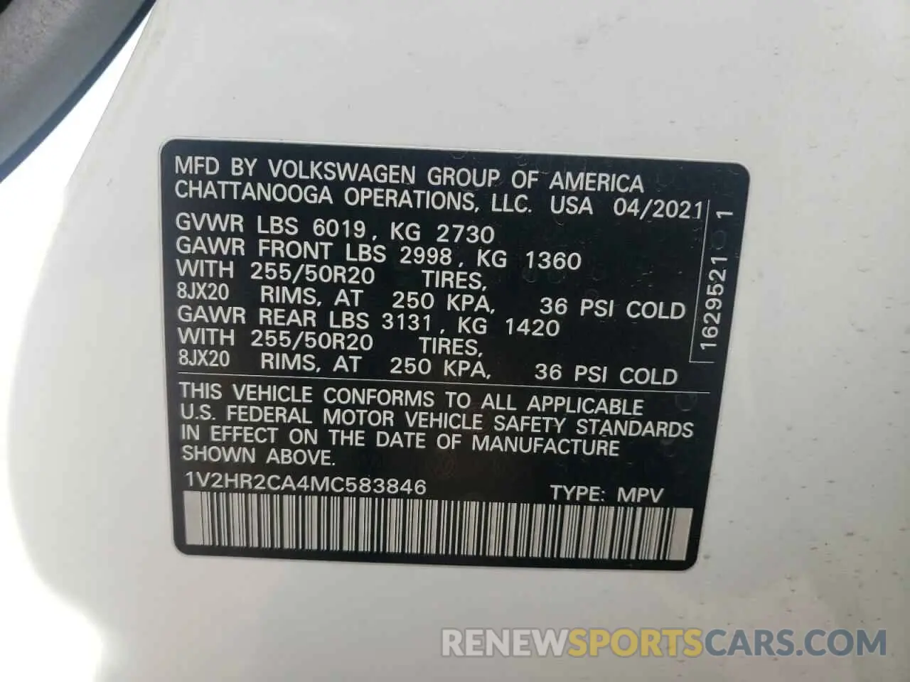 13 Photograph of a damaged car 1V2HR2CA4MC583846 VOLKSWAGEN ATLAS 2021