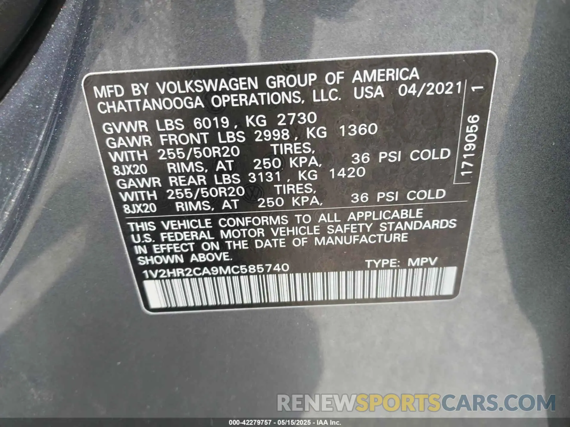 9 Фотография поврежденного автомобиля 1V2HR2CA9MC585740 VOLKSWAGEN ATLAS 2021