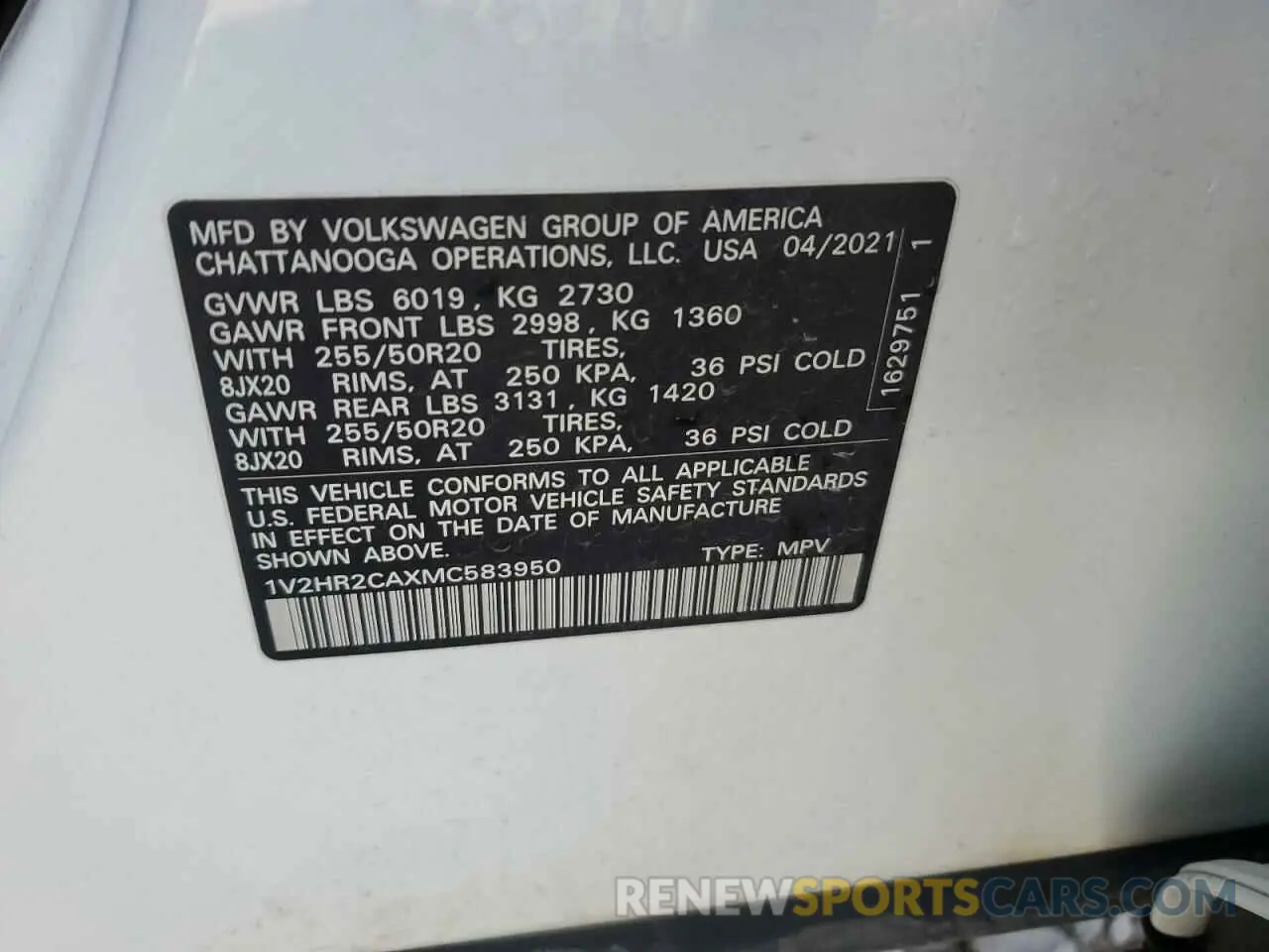 13 Photograph of a damaged car 1V2HR2CAXMC583950 VOLKSWAGEN ATLAS 2021