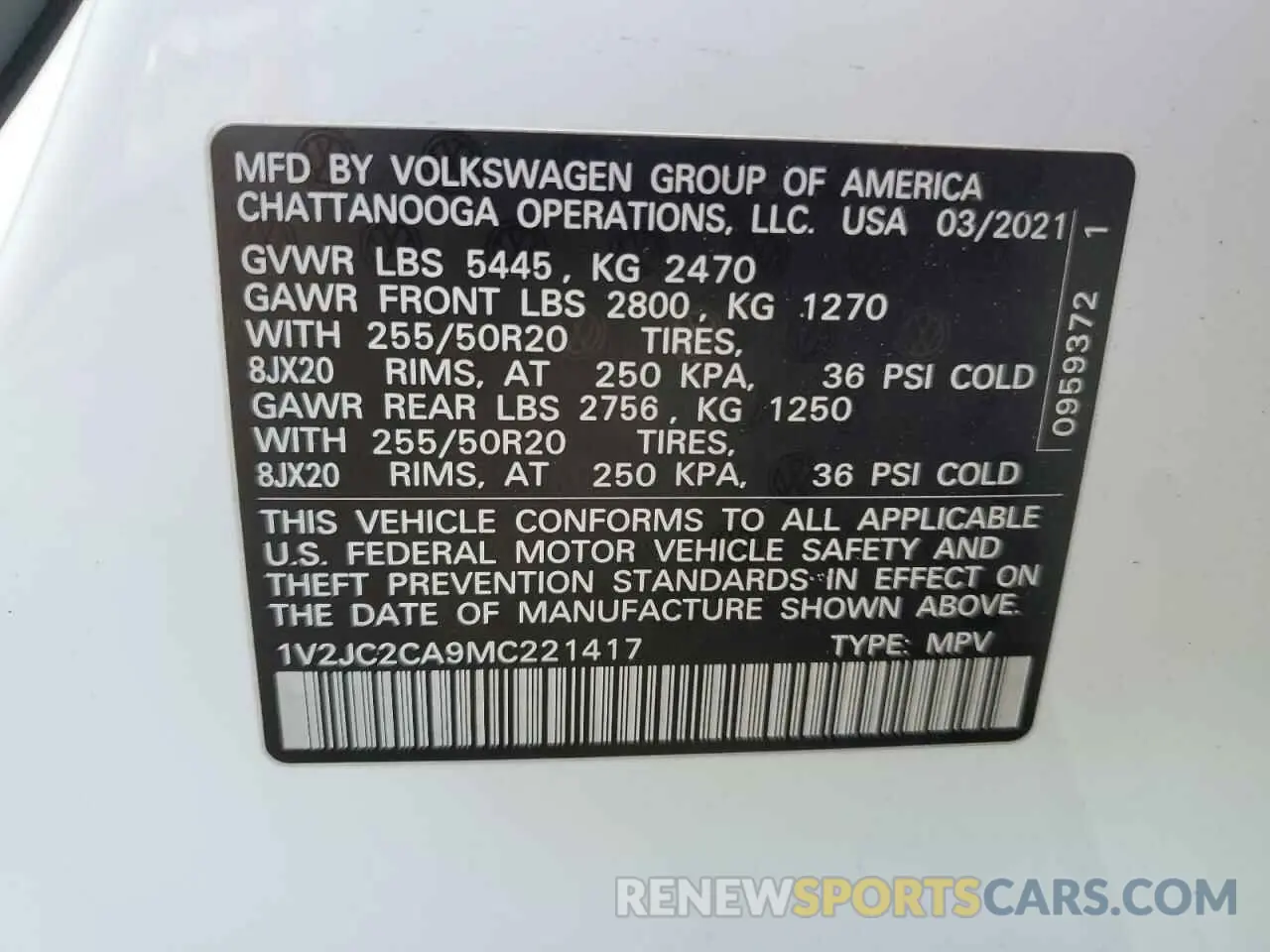 13 Photograph of a damaged car 1V2JC2CA9MC221417 VOLKSWAGEN ATLAS 2021