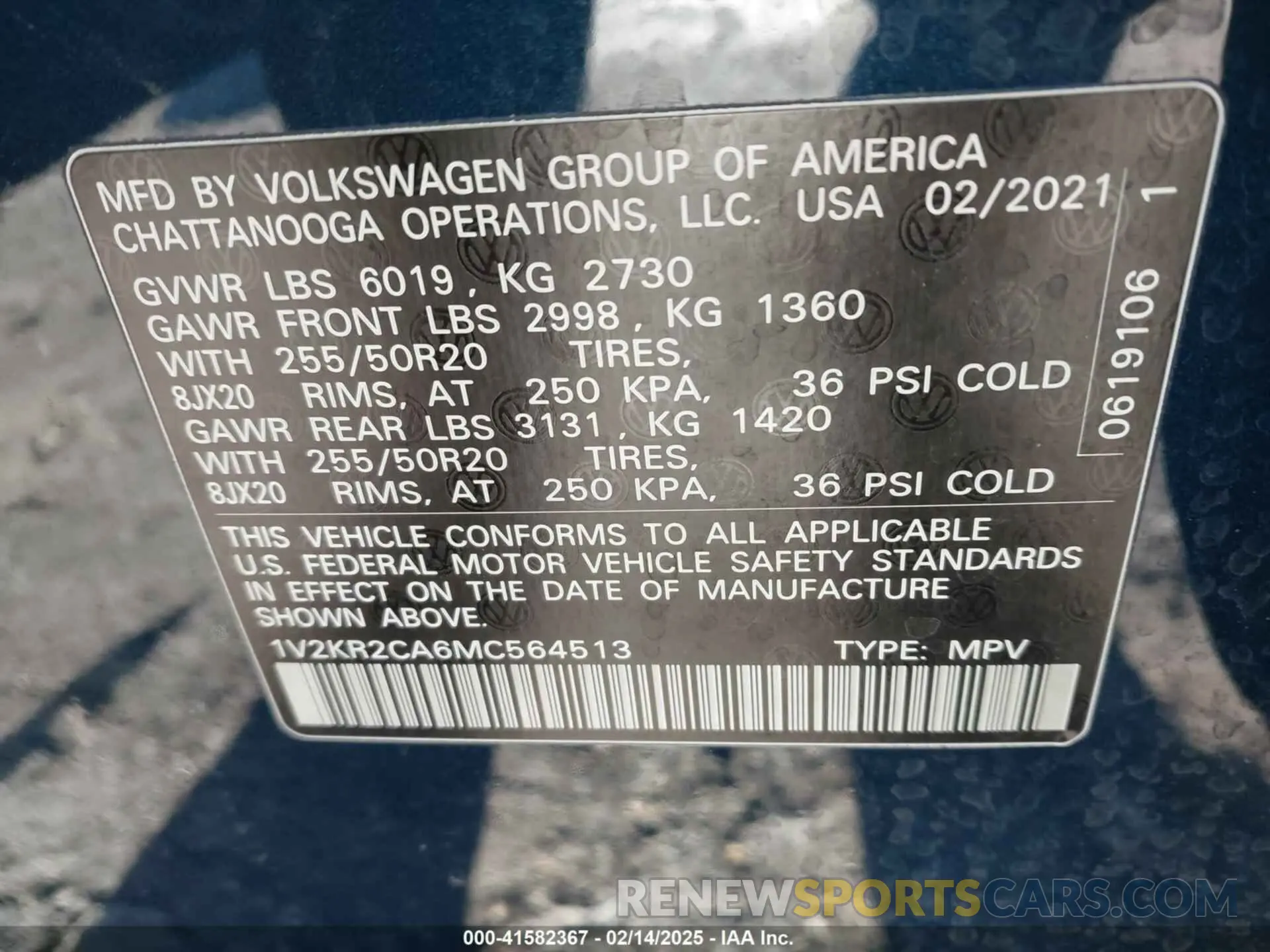 8 Photograph of a damaged car 1V2KR2CA6MC564513 VOLKSWAGEN ATLAS 2021
