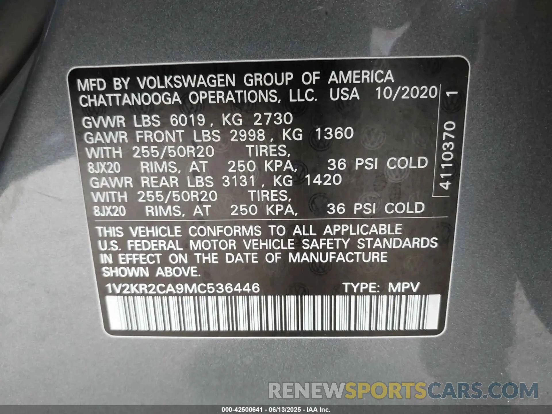 9 Photograph of a damaged car 1V2KR2CA9MC536446 VOLKSWAGEN ATLAS 2021