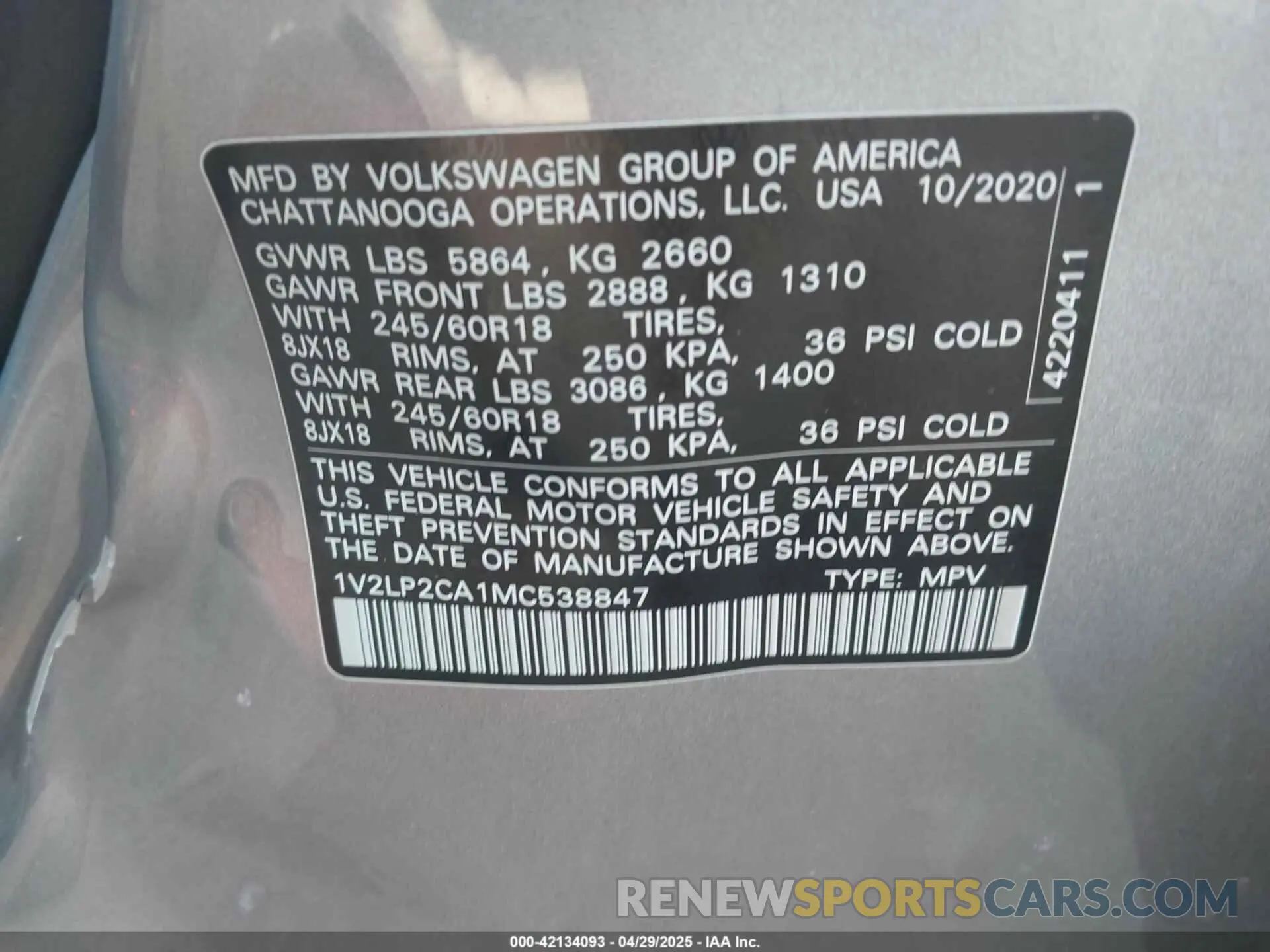 9 Photograph of a damaged car 1V2LP2CA1MC538847 VOLKSWAGEN ATLAS 2021