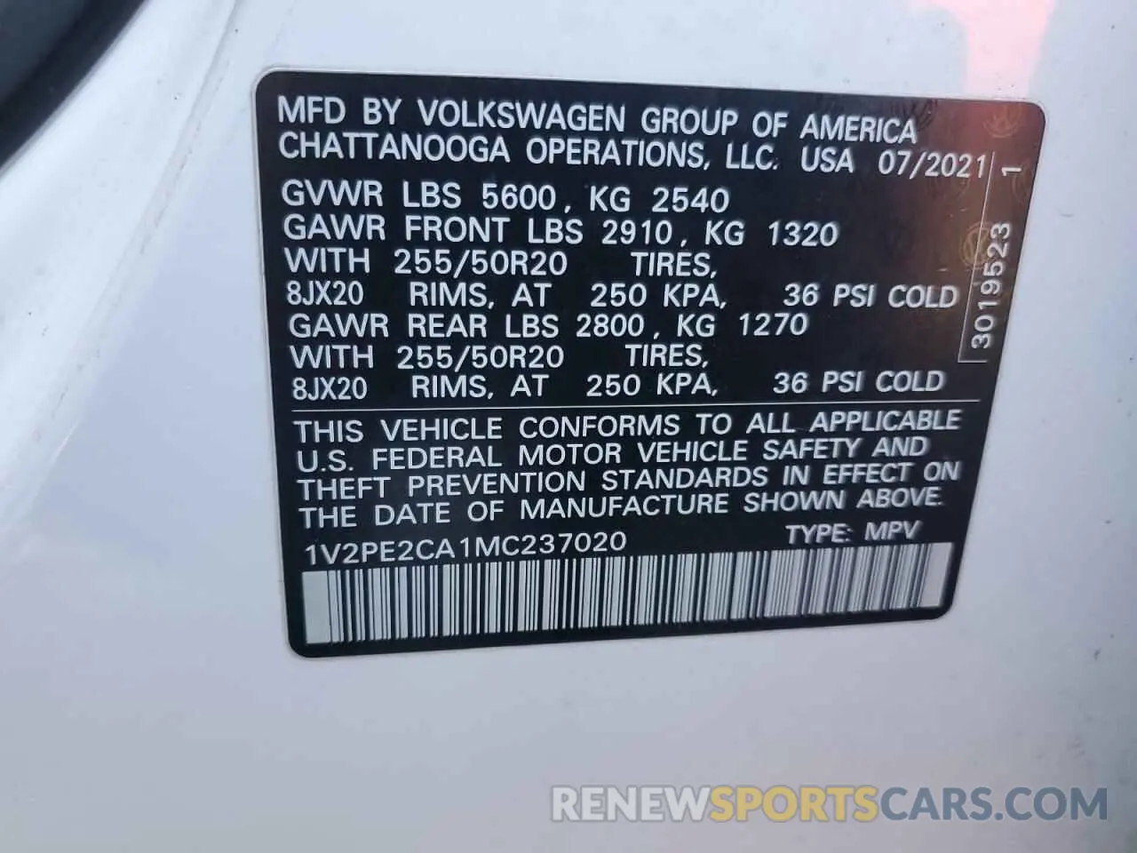 15 Photograph of a damaged car 1V2PE2CA1MC237020 VOLKSWAGEN ATLAS 2021