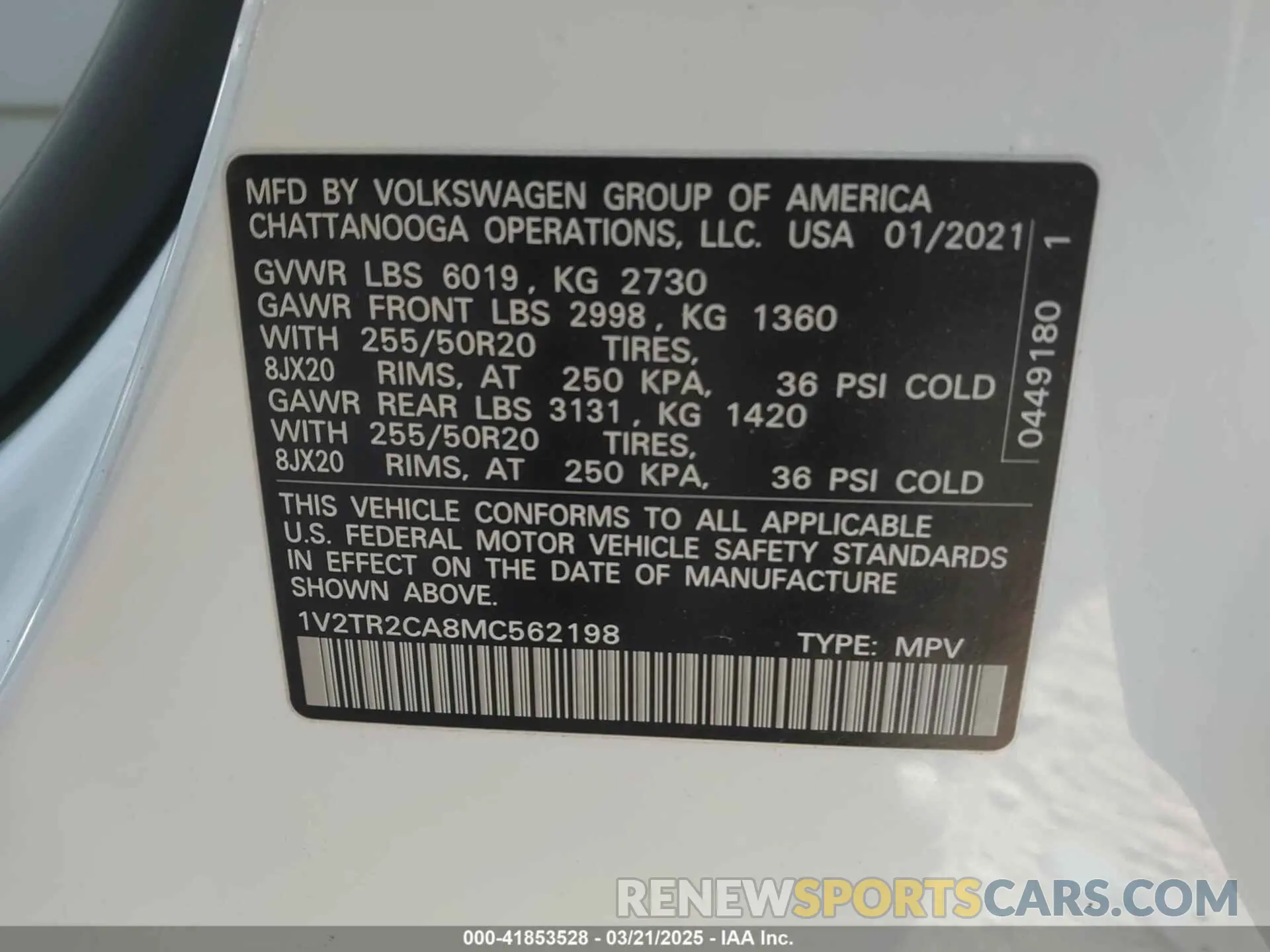 9 Photograph of a damaged car 1V2TR2CA8MC562198 VOLKSWAGEN ATLAS 2021