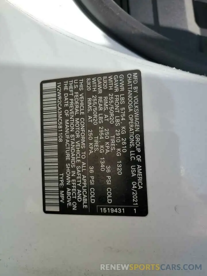 12 Photograph of a damaged car 1V2WR2CA3MC581108 VOLKSWAGEN ATLAS 2021