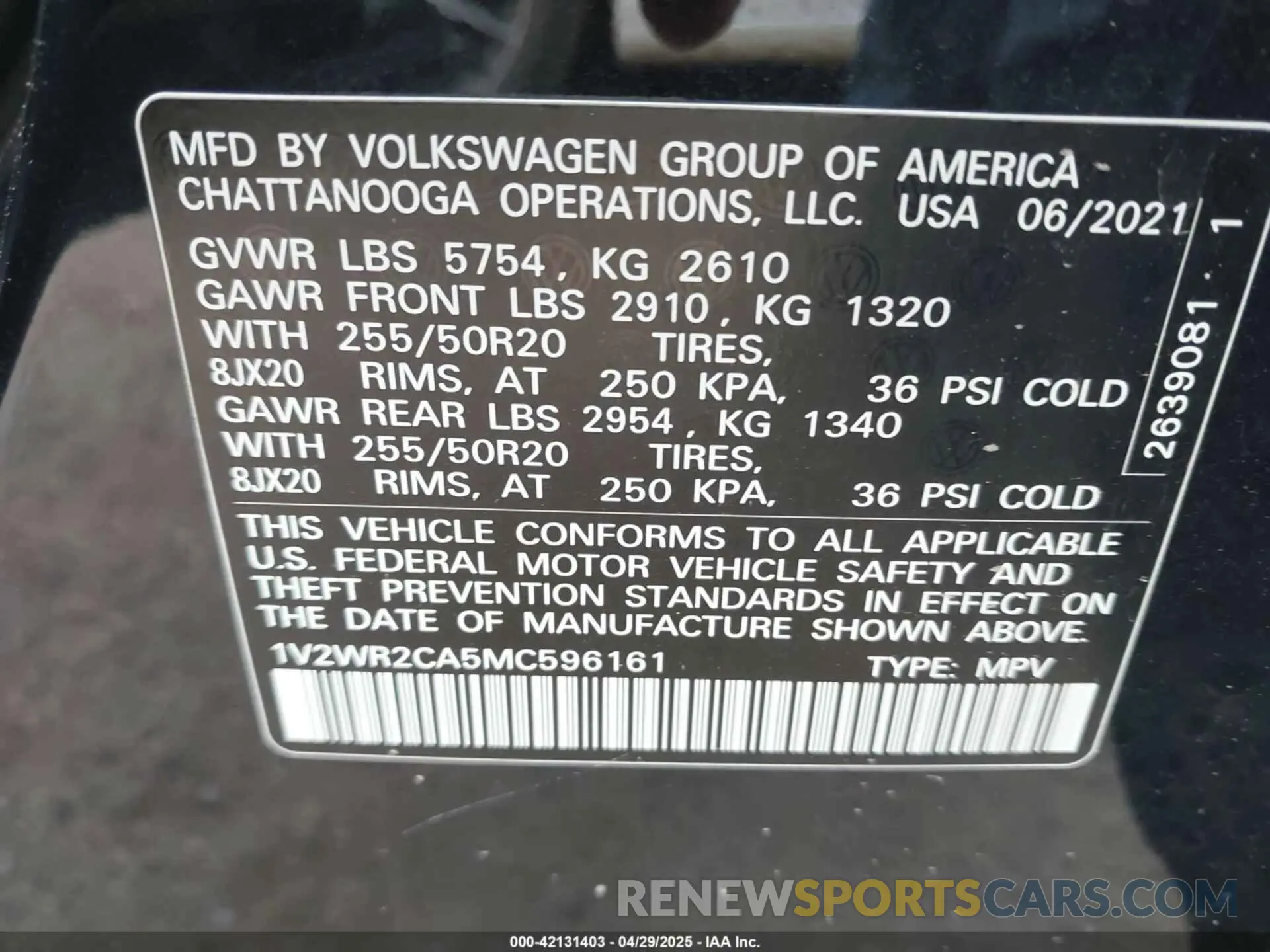 9 Photograph of a damaged car 1V2WR2CA5MC596161 VOLKSWAGEN ATLAS 2021