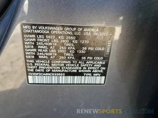 13 Фотография поврежденного автомобиля 1V2DP2CA6NC533553 VOLKSWAGEN ATLAS 2022