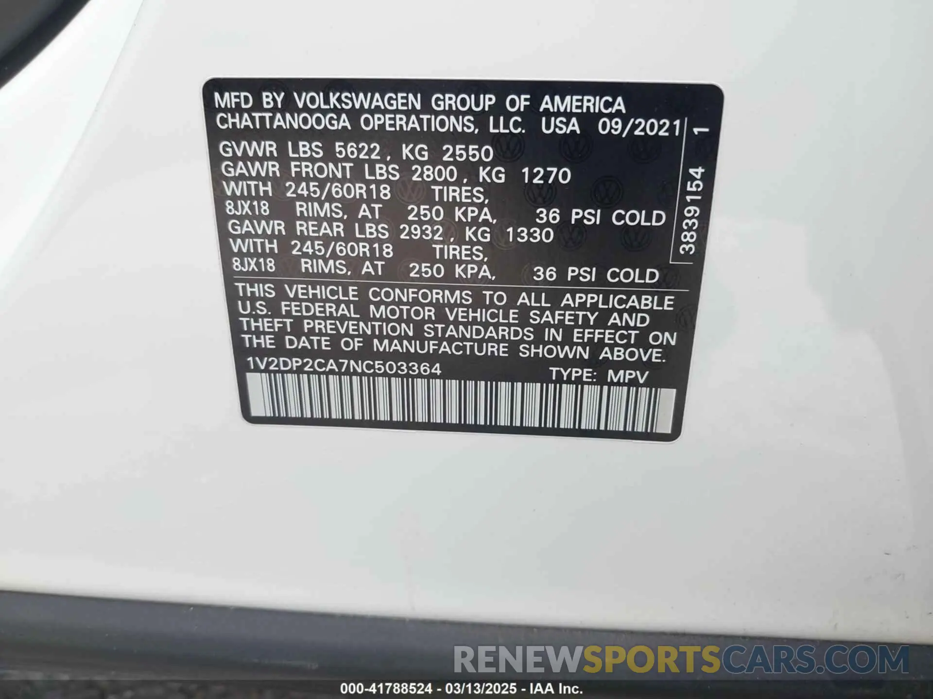 9 Photograph of a damaged car 1V2DP2CA7NC503364 VOLKSWAGEN ATLAS 2022