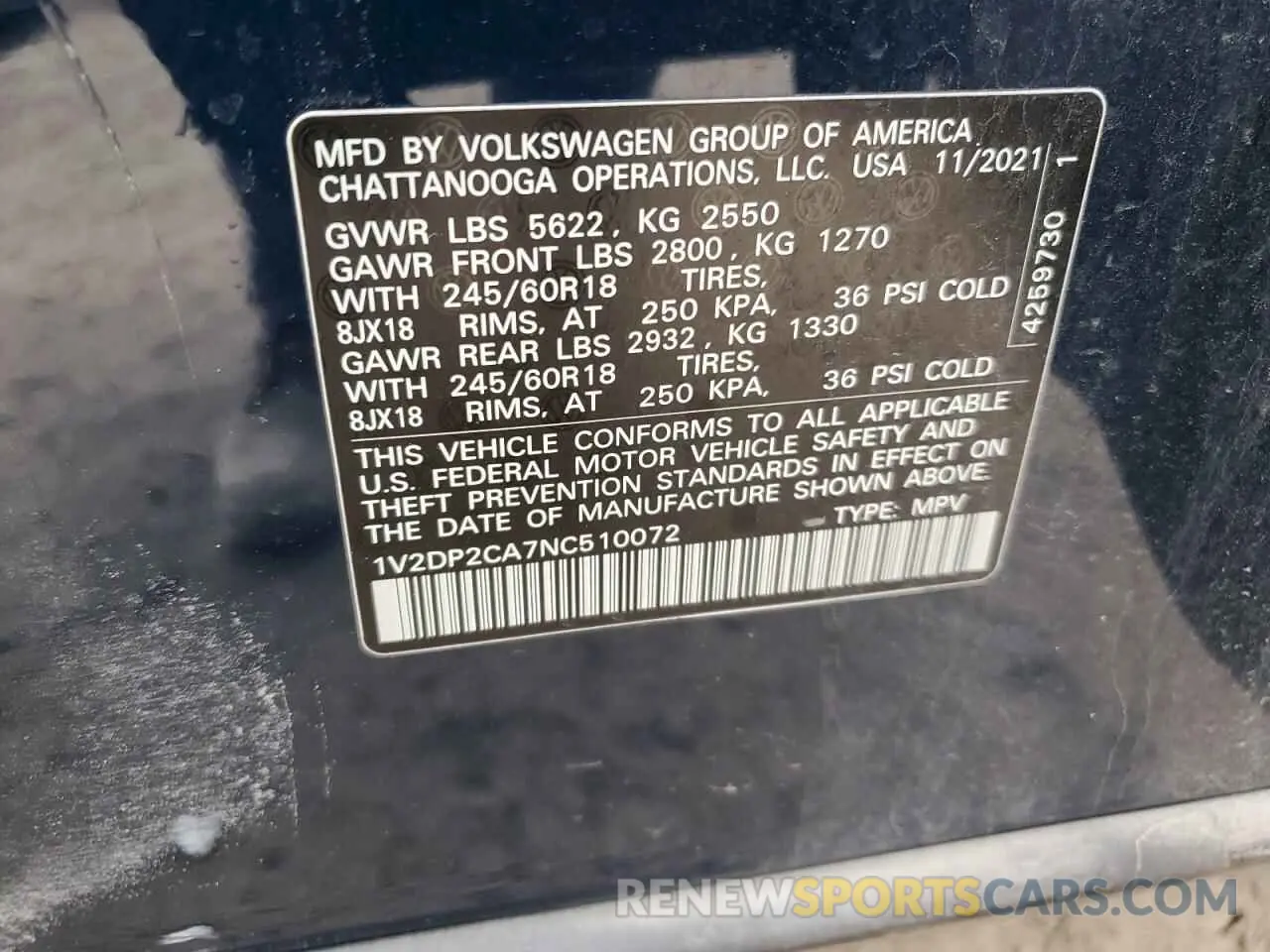 14 Фотография поврежденного автомобиля 1V2DP2CA7NC510072 VOLKSWAGEN ATLAS 2022