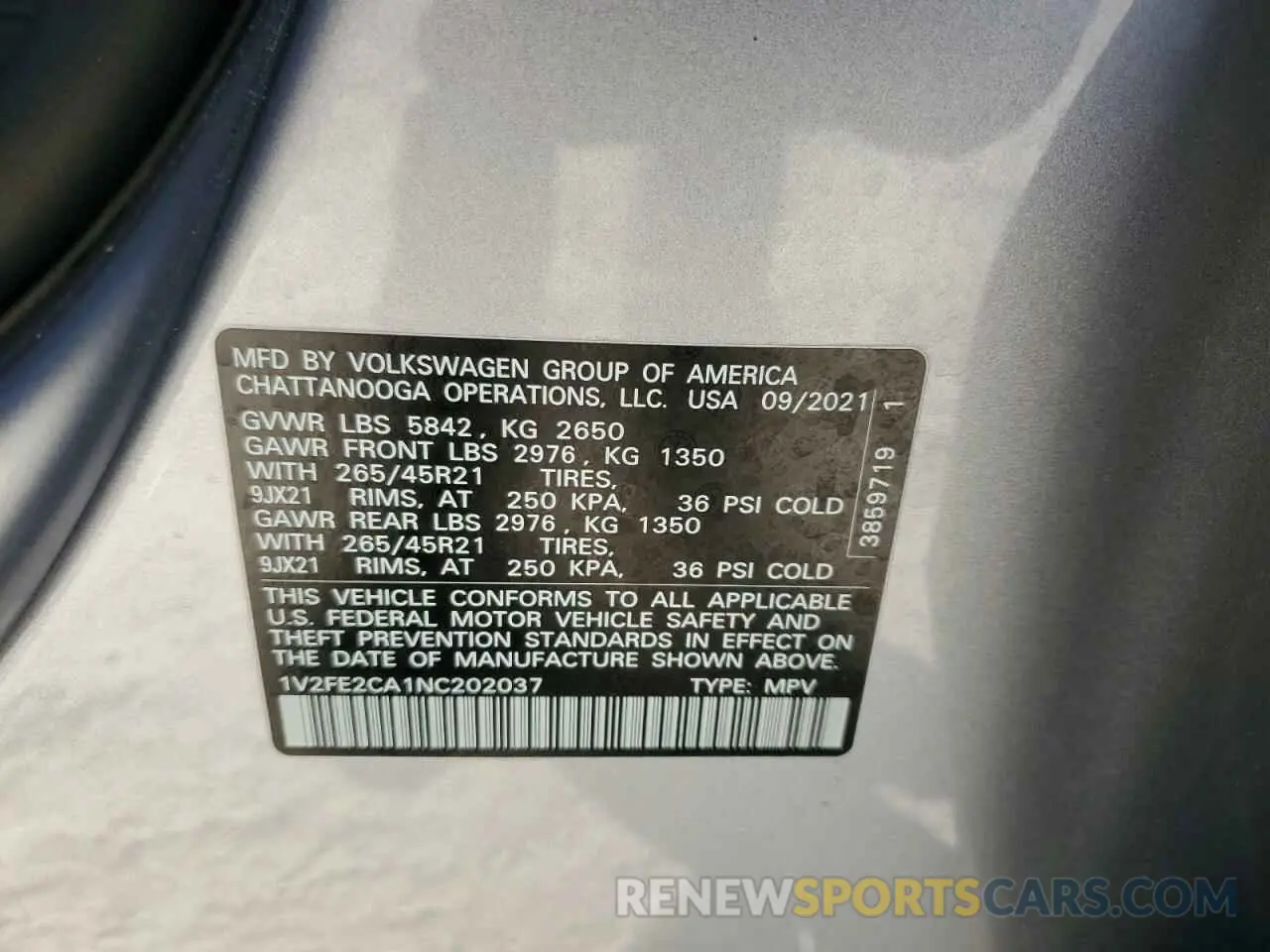 13 Фотография поврежденного автомобиля 1V2FE2CA1NC202037 VOLKSWAGEN ATLAS 2022
