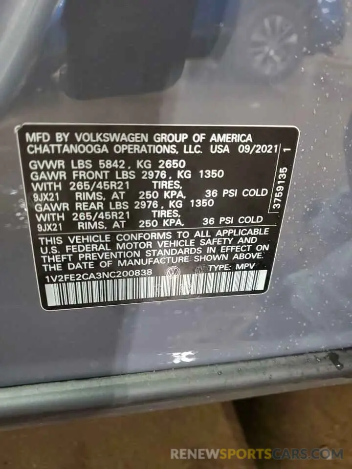 13 Фотография поврежденного автомобиля 1V2FE2CA3NC200838 VOLKSWAGEN ATLAS 2022