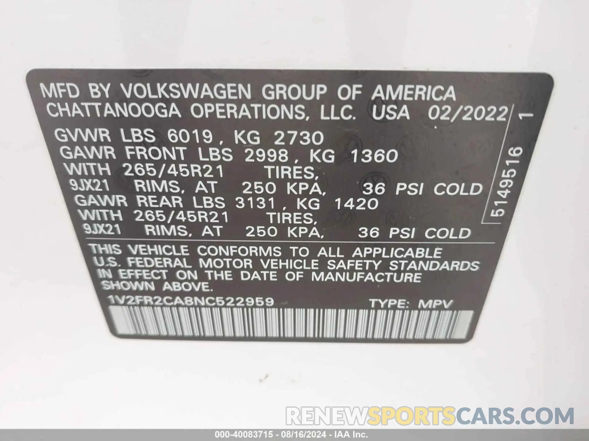 9 Photograph of a damaged car 1V2FR2CA8NC522959 VOLKSWAGEN ATLAS 2022