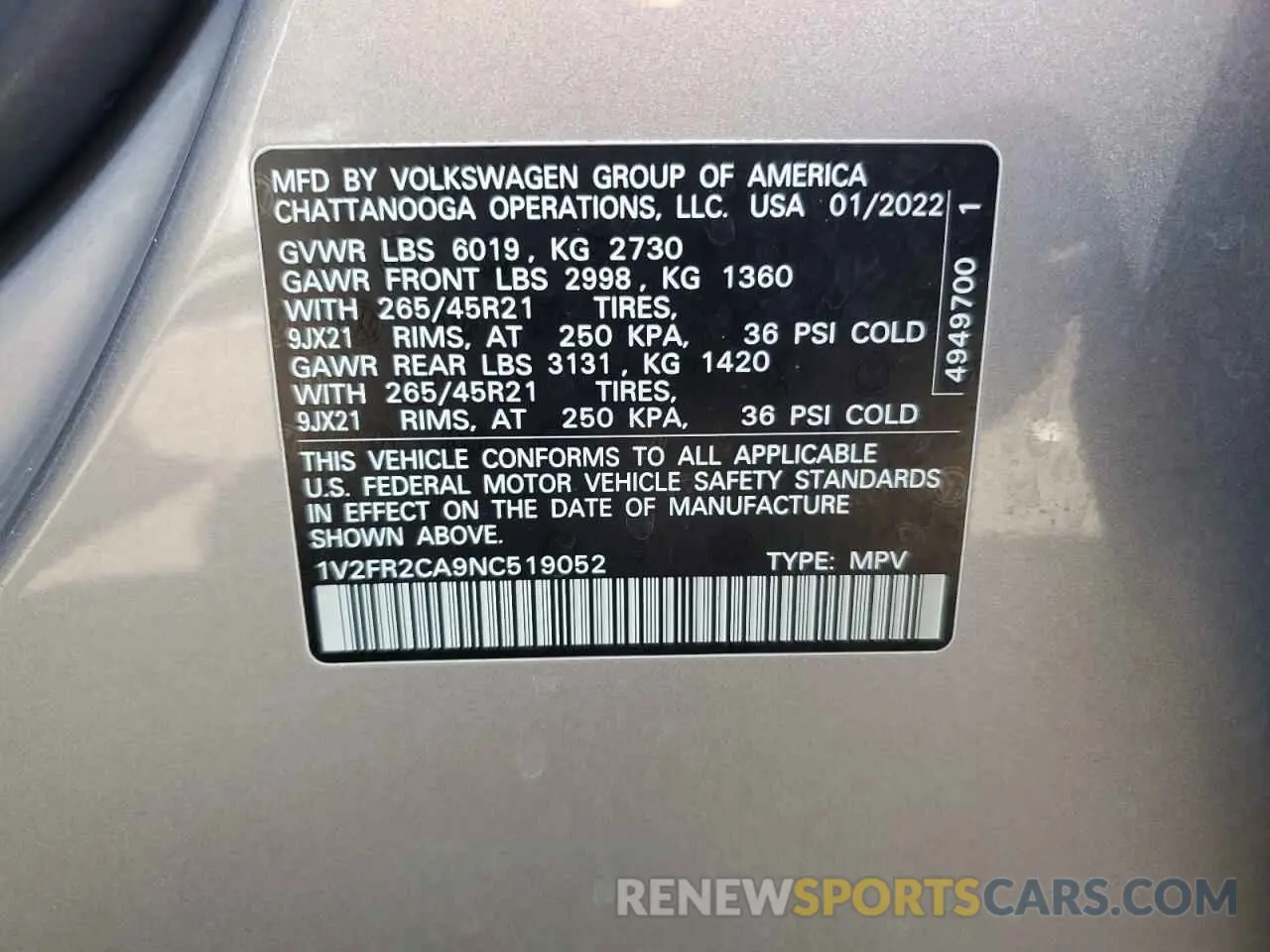 12 Photograph of a damaged car 1V2FR2CA9NC519052 VOLKSWAGEN ATLAS 2022