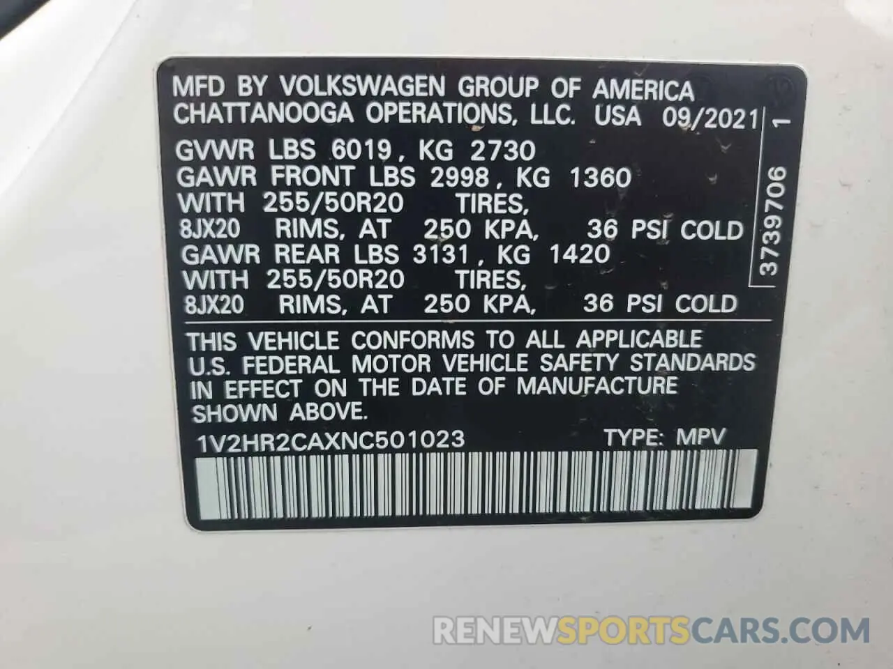 13 Photograph of a damaged car 1V2HR2CAXNC501023 VOLKSWAGEN ATLAS 2022