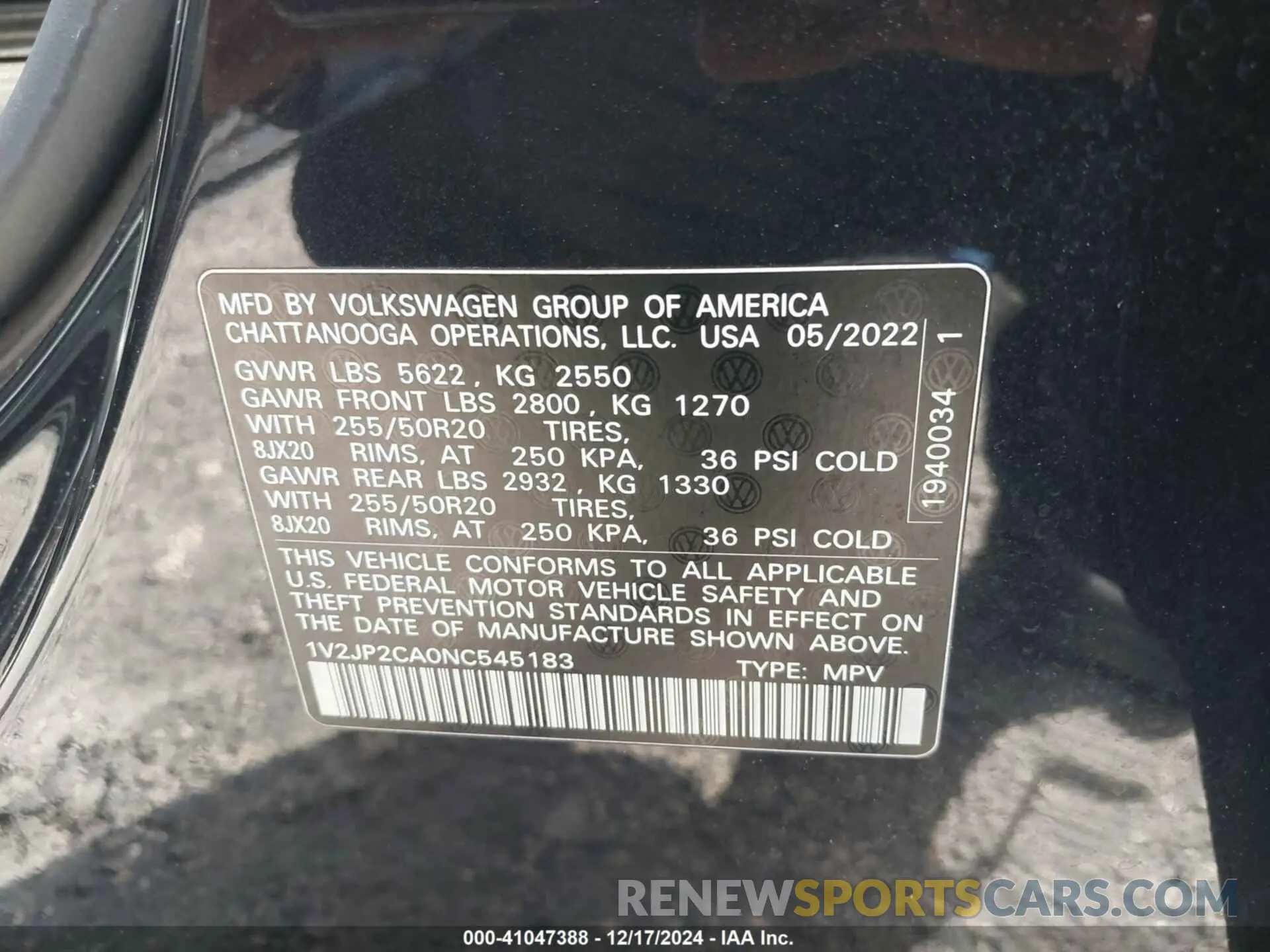 9 Фотография поврежденного автомобиля 1V2JP2CA0NC545183 VOLKSWAGEN ATLAS 2022