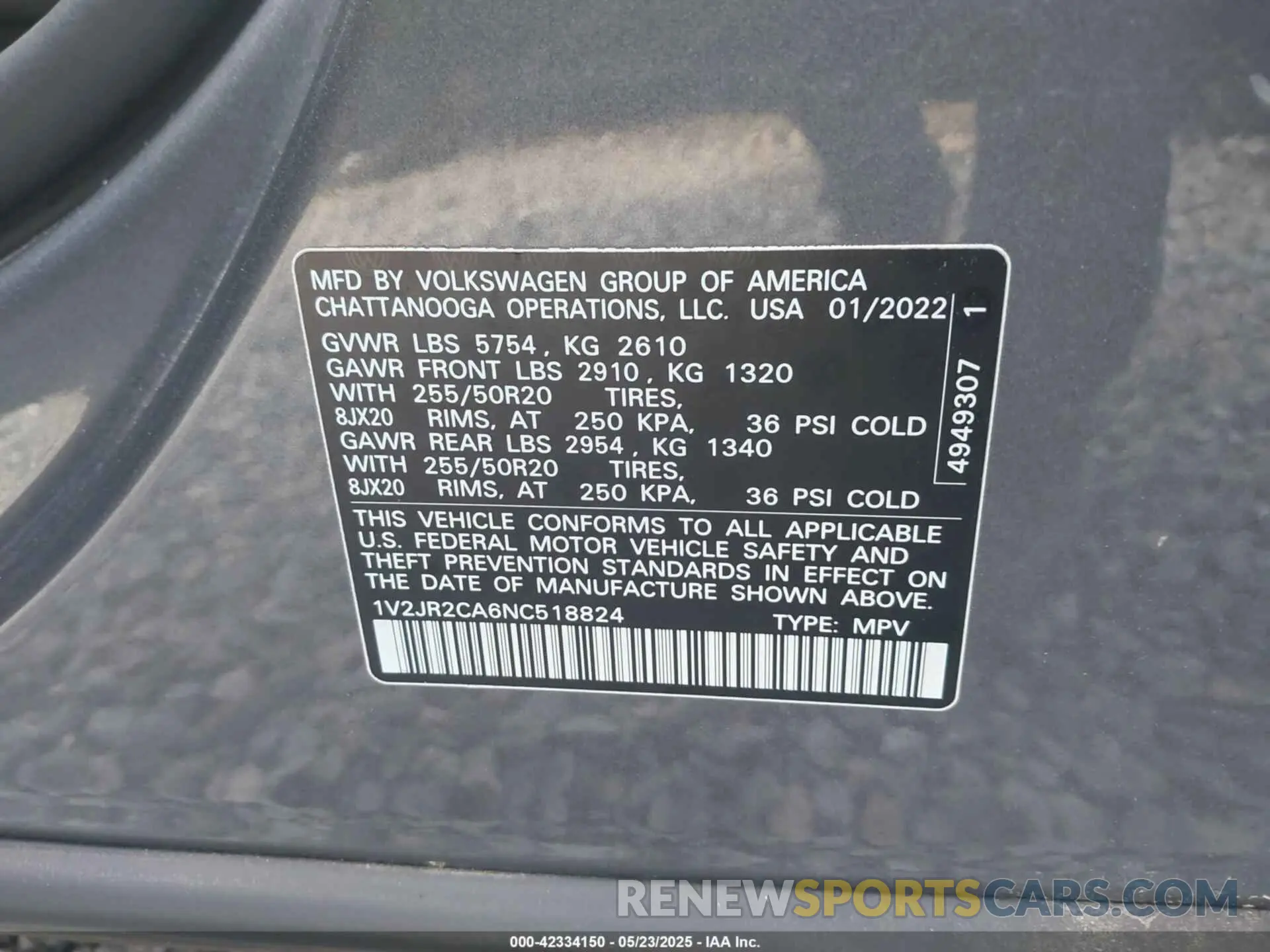 9 Photograph of a damaged car 1V2JR2CA6NC518824 VOLKSWAGEN ATLAS 2022
