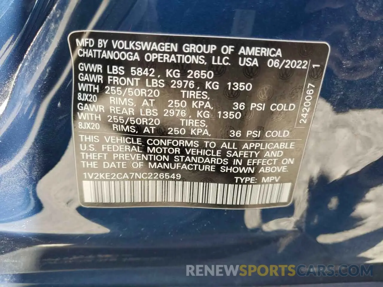 15 Photograph of a damaged car 1V2KE2CA7NC226549 VOLKSWAGEN ATLAS 2022