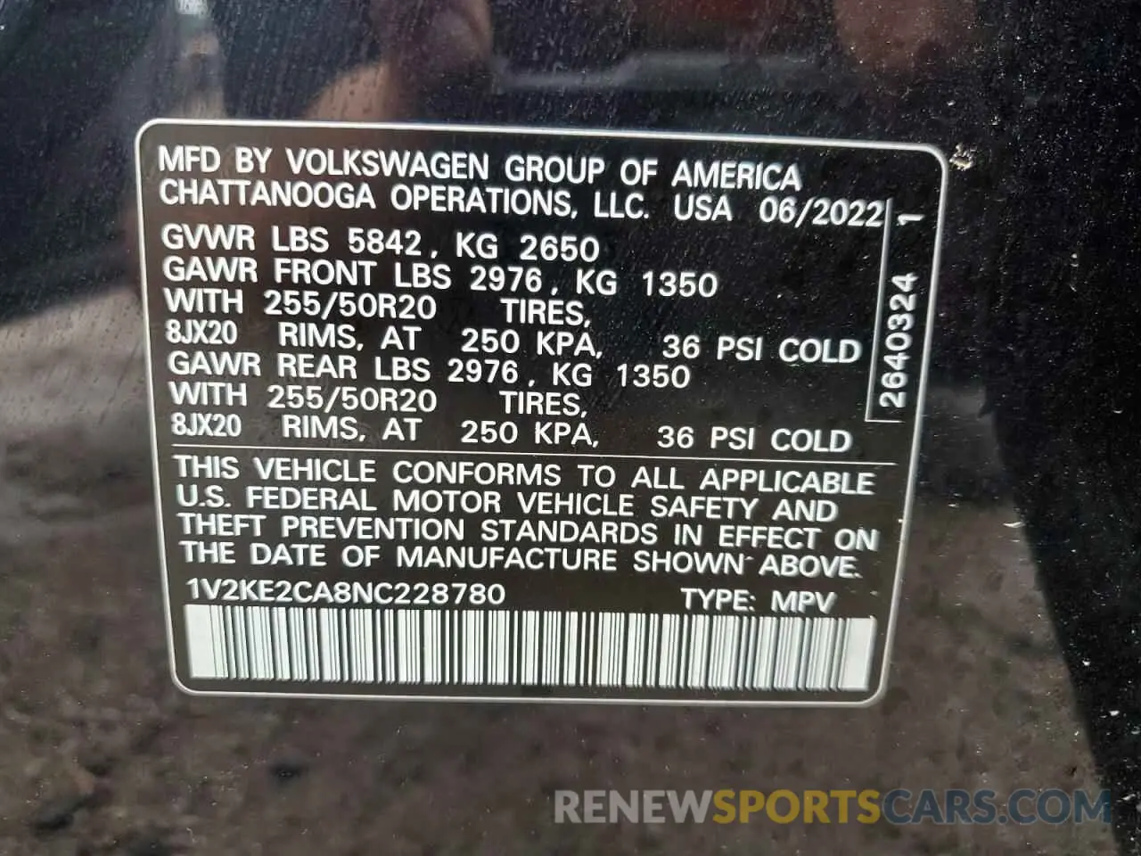 16 Photograph of a damaged car 1V2KE2CA8NC228780 VOLKSWAGEN ATLAS 2022