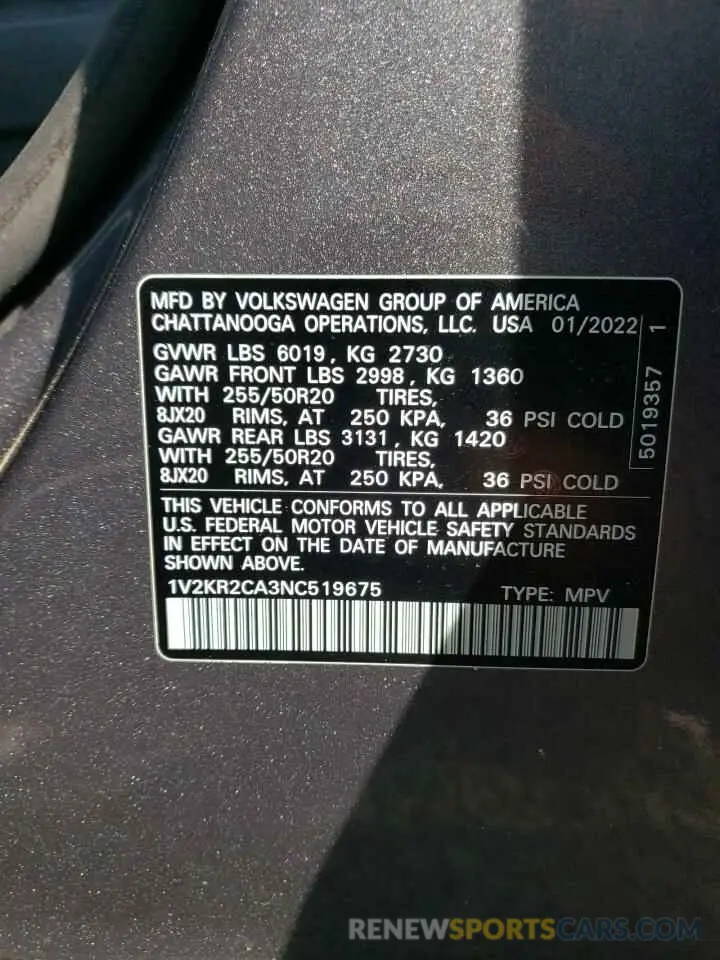 13 Photograph of a damaged car 1V2KR2CA3NC519675 VOLKSWAGEN ATLAS 2022