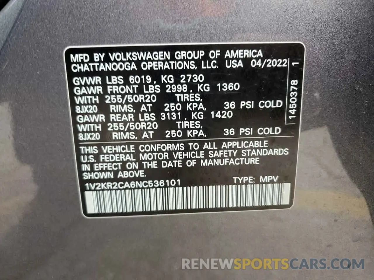 13 Photograph of a damaged car 1V2KR2CA6NC536101 VOLKSWAGEN ATLAS 2022