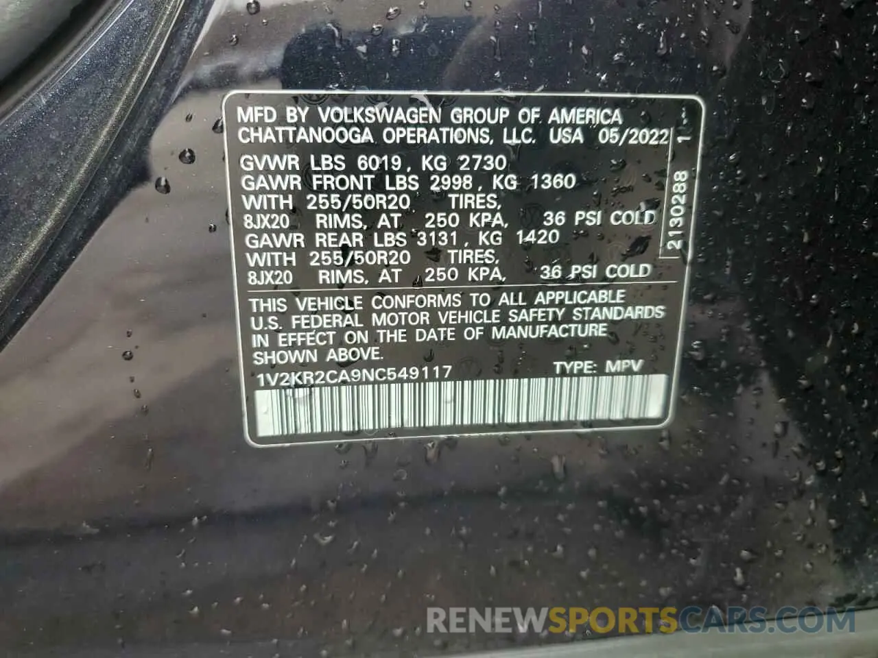 13 Photograph of a damaged car 1V2KR2CA9NC549117 VOLKSWAGEN ATLAS 2022
