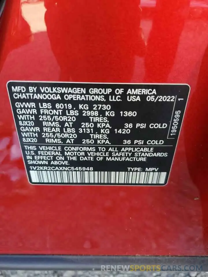 14 Фотография поврежденного автомобиля 1V2KR2CAXNC545948 VOLKSWAGEN ATLAS 2022