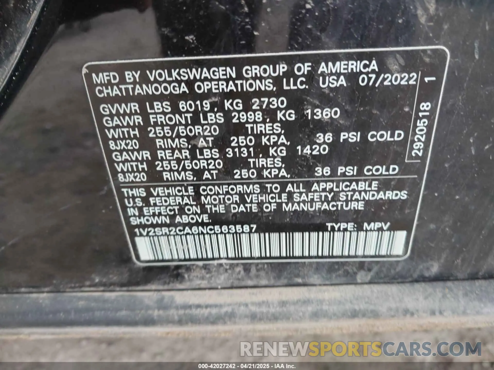9 Фотография поврежденного автомобиля 1V2SR2CA6NC563587 VOLKSWAGEN ATLAS 2022