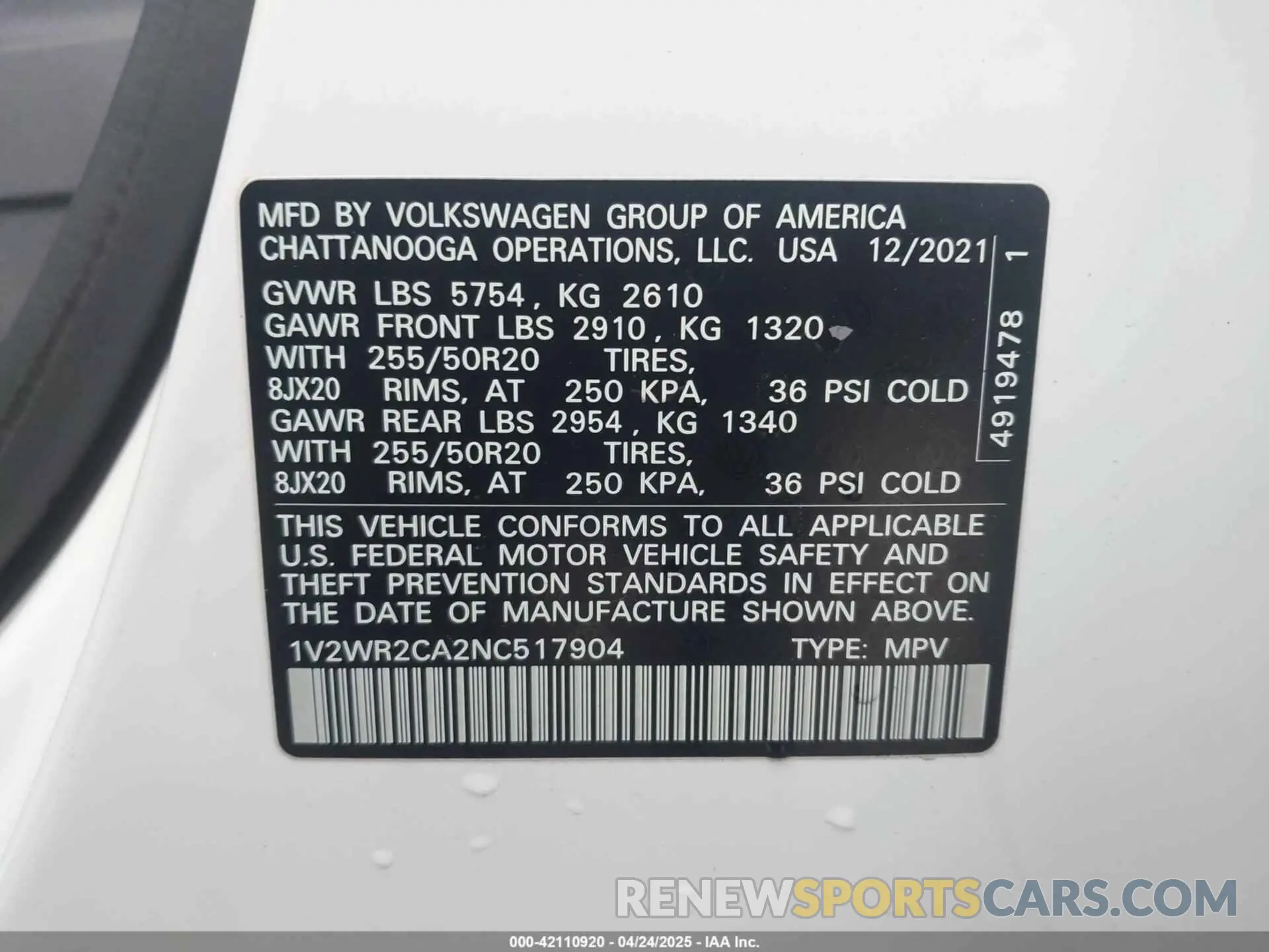 9 Фотография поврежденного автомобиля 1V2WR2CA2NC517904 VOLKSWAGEN ATLAS 2022