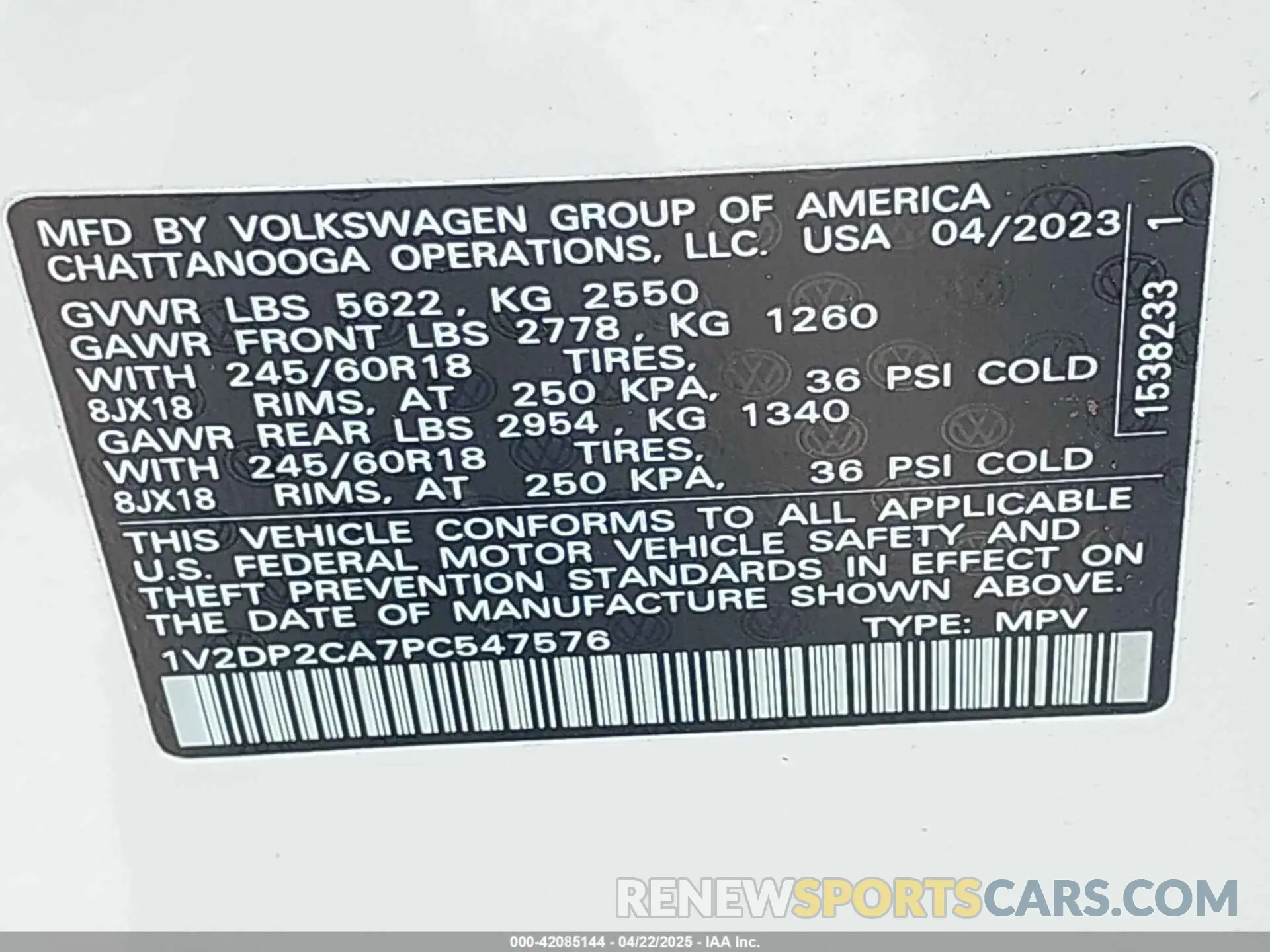 9 Photograph of a damaged car 1V2DP2CA7PC547576 VOLKSWAGEN ATLAS 2023