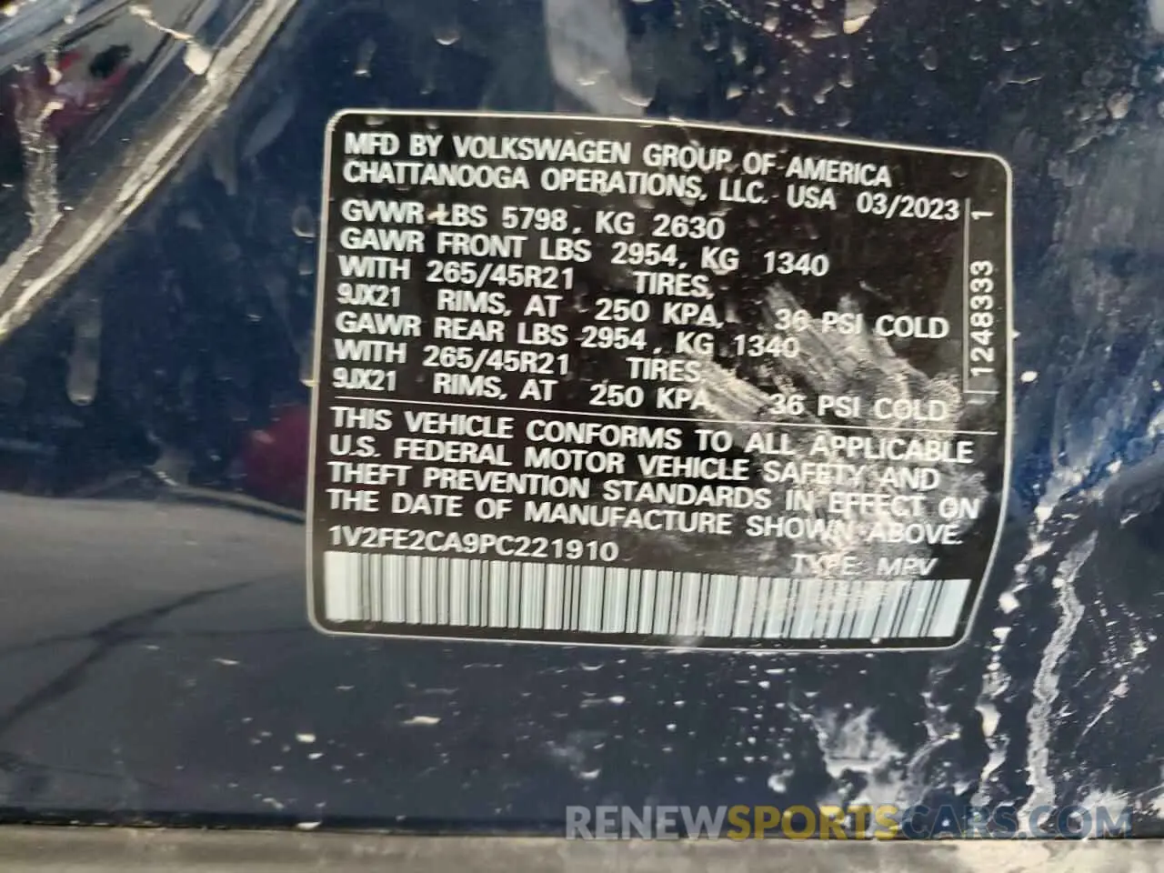 13 Photograph of a damaged car 1V2FE2CA9PC221910 VOLKSWAGEN ATLAS 2023