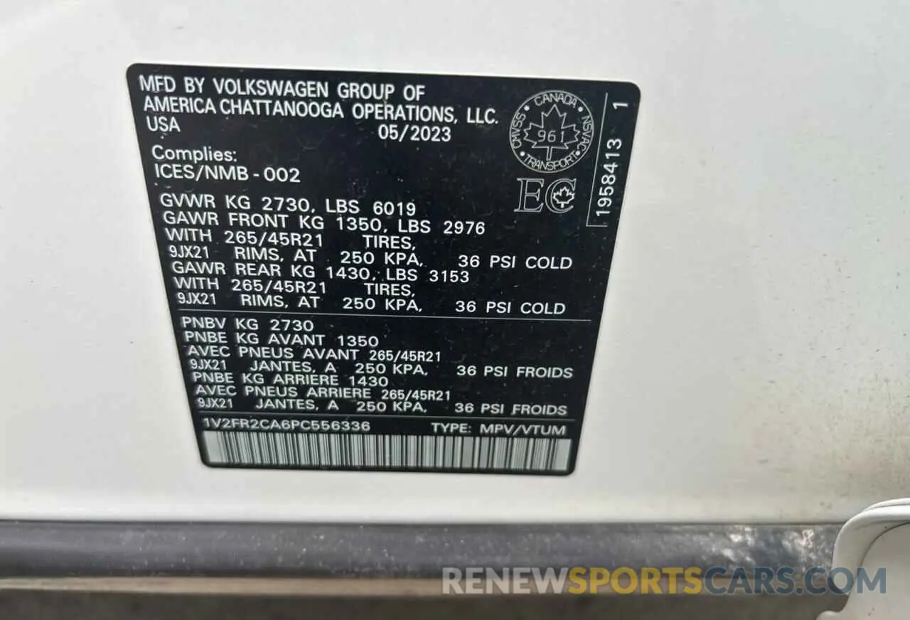 10 Фотография поврежденного автомобиля 1V2FR2CA6PC556336 VOLKSWAGEN ATLAS 2023